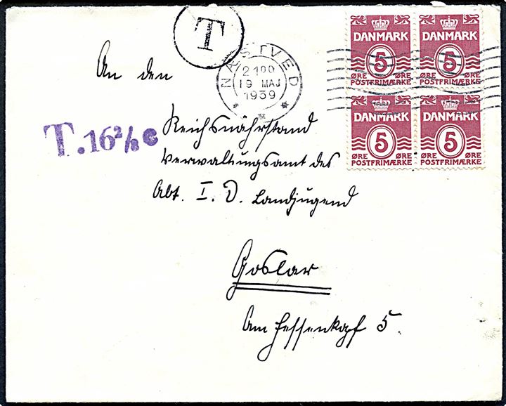 5 øre Bølgelinie i fireblok på underfrankeret brev fra Næstved d. 19.5.1939 til Tyskland. Sort T-stempel og violet T. 16 2/3 c portostempel.