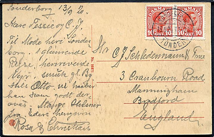 10 øre Chr. X i parstykke på brevkort (Kong Chr. X rider over Grænsen) fra Sønderborg annulleret med bureaustempel Sønderborg - Tønder sn1 T.1420 d. 13.9.1920 til Bradford, England.