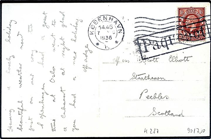 Engelsk 1½d George V på norsk postkort (Solnedgang ved Ingierstrand bad) annulleret med dansk stempel i København d. 7.8.1936 og sidestemplet Paquebot til Scotland.
