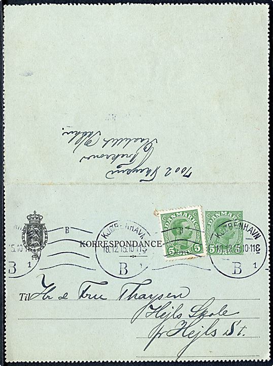 5 øre Chr. X helsagskorrespondancekort opfrankeret med 5 øre Chr. X fra soldat på søbefæstningen Trekroner stemplet Kjøbenhavn d. 18.12.1915 til Hjels St.