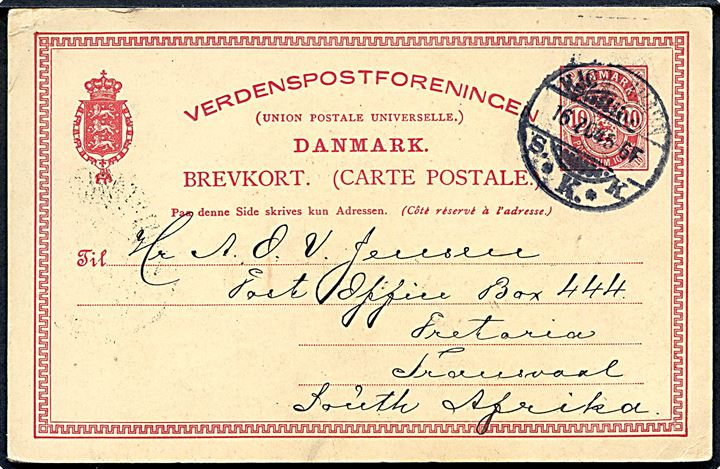 10 øre Våben helsagsbrevkort fra Kjøbenhavn d. 16.2.1904 til Pretoria, Transvaal, South Africa. Takst ukendt jf. Karsten Jensen.