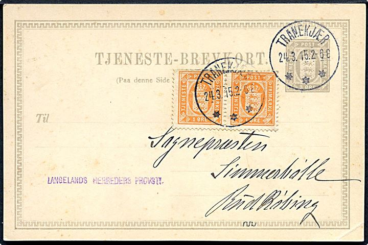 3 øre Tjenestebrevkort opfrankeret med 1 øre Tjenestemærke i parstykke annulleret med brotype IIIb Tranekjær d. 24.3.1915 til Simmerbølle pr. Rudkjøbing.