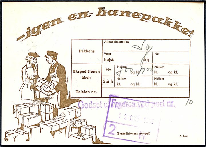 Danske Statsbaner 40 øre Fr. IX helsagsbrevkort (fabr. 358x) formular A464 sendt lokalt med brotype Vd Frederikshavn B. d. 22.10.1965. Retur som ubekendt.