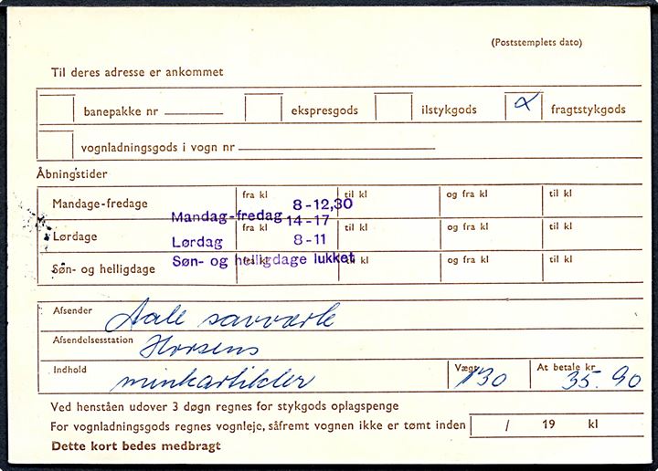 Danske Statsbaner 50 øre Fr. IX helsagsbrevkort (fabr. 379x) formular A455 sendt lokalt med brotype Vd Frederikshavn B. d. 4.4.1968. Retur som ubekendt.