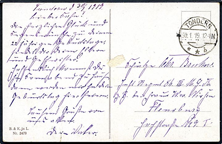 Ufrankeret feltpostkort stemplet Tondern **b d. 30.1.1919 til soldat ved Inf. Regt. 86 i Flensburg. Sen feltpost.