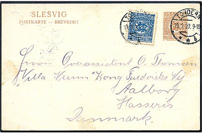7½ pfg. Fælles udg. helsagsbrevkort opfrankeret med 20 pfg. Fælles udg. stemplet Tondern **b d. 19.2.1920 til Aalborg, Danmark.