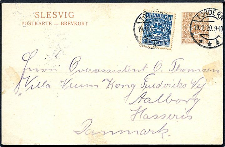 7½ pfg. Fælles udg. helsagsbrevkort opfrankeret med 20 pfg. Fælles udg. stemplet Tondern **b d. 19.2.1920 til Aalborg, Danmark.