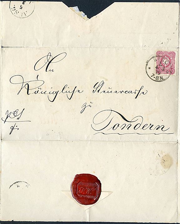 5 pfg. Ciffer (2) på vendebrev oprindelig sendt fra Kiel d. 4.3.1879 og returneret med 2-ringsstempel Tondern d. 5.3.1879 til Kiel.