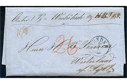 1861. Pakkefølgebrev med blåt antiqua Tønder d. 9.1.1861 via Høier d. 10.1.1861 til Westerland på Sylt. Påskrevet 26 sk. porto.