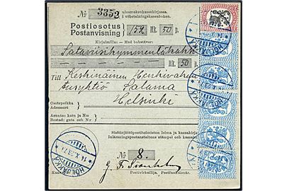 10 pen. (5) og 1 mk. Løve på postanvisning annulleret med blåt stempel Höljäkkä d. 14.10.1923 til Helsingfors.