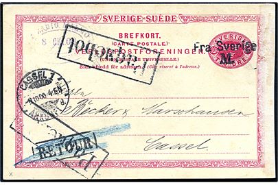 10 öre helsagsbrevkort fra Malmö d. 8.10.1900 annulleret med skibsstempel Fra Sverige M. og sidestemplet Paquebot til Cassel, Tyskland.