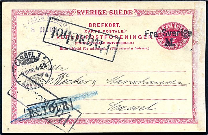 10 öre helsagsbrevkort fra Malmö d. 8.10.1900 annulleret med skibsstempel Fra Sverige M. og sidestemplet Paquebot til Cassel, Tyskland.