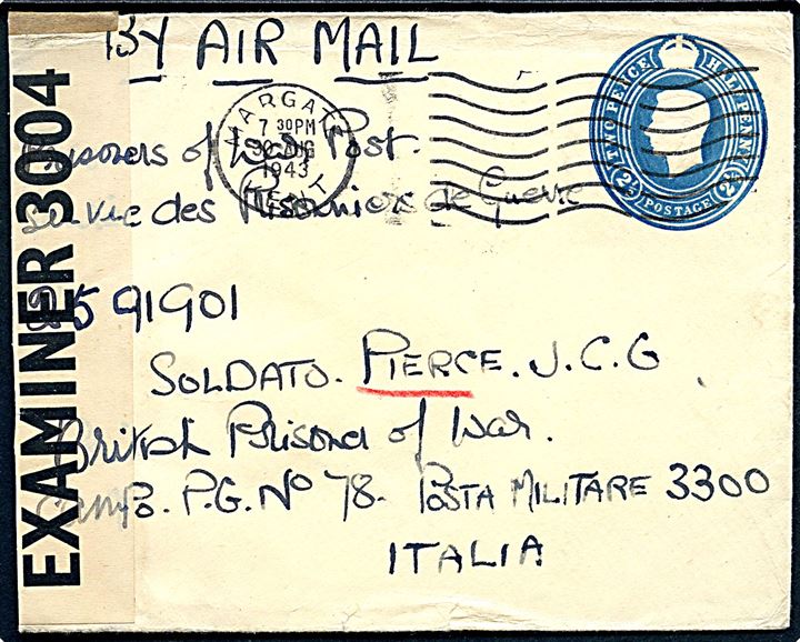 2½d George VI helsagskuvert sendt som luftpost fra Margate d. 30.8.1943 til britisk krigsfange i italiensk fangenskab i Campo P.G. No. 78, Posta Militare 3300, Italien. (= Fonte d’Amore, Sulmona, Abruzzo, Italien). Åbnet af britisk censur PC90/3004.
