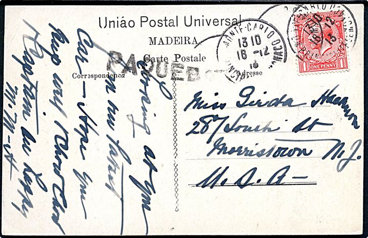 Britisk 1d George V på brevkort (Rede, Madeira) annulleret i Monte Carlo, Monarco d. 16.12.1913 og sidestemplet Paquebot til Morristown, USA.