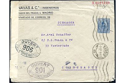 25 cts. Alfonso XIII helsagskuvert fra Madrid d. 9.9.1916 til København, Danmark. Åbnet af fransk censur i London med censurstempel no. 901 og 906.