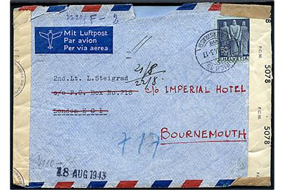 50 c. single på luftpostbrev fra Zürich d. 29.7.1943 til belgisk eksil soldat i England med undercover adresse P.O.Box No. 218, London E.C. 1 - eftersendt til c/o Imperial Hotel, Bournemouth. Åbnet af både tysk og britisk censur.
