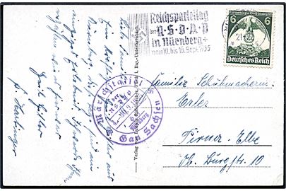 6 pfg. Reichsparteitag udg. på brevkort annulleret med særstempel NSDAP Reichsparteitag Nürnberg d. 15.9.1935 og sidestemplet Marschstaffel der NSDAP / Hof Nürnberg / Gau Sachsen 4.-10.9.1935 til Pirner.