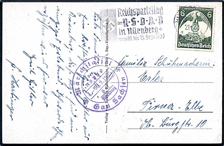 6 pfg. Reichsparteitag udg. på brevkort annulleret med særstempel NSDAP Reichsparteitag Nürnberg d. 15.9.1935 og sidestemplet Marschstaffel der NSDAP / Hof Nürnberg / Gau Sachsen 4.-10.9.1935 til Pirner.