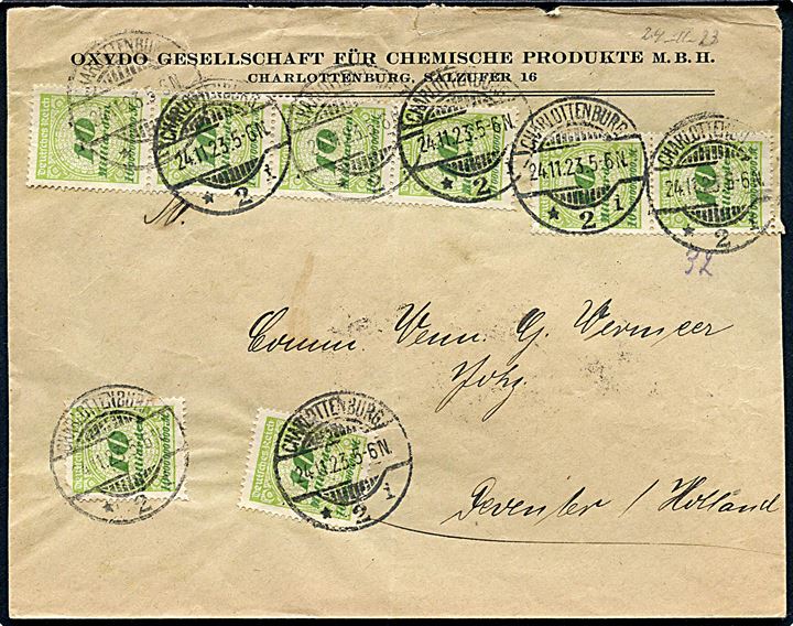 10 mia. mk. (8) Infla udg. på brev fra Charlottenburg d. 24.11.1923 til Deventer, Holland. Korrekt porto 80.000.000.000 mk. (20.-25.11.1923).