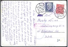 50 øre på underfrankeret brevkort (Liervik, Stord) fra Stord d. 22.2.1964 til Schönberg Kr. Glauschau, Sachsen, DDR. Portostempel og udtakseret i porto med østtysk 5 pfg. Ulbricht annulleret med rammestempel Schönberg über Glauchau (Sachsen). 