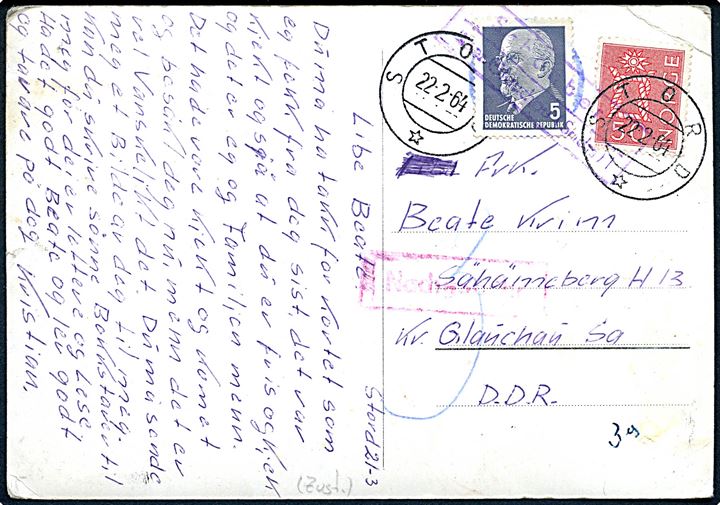 50 øre på underfrankeret brevkort (Liervik, Stord) fra Stord d. 22.2.1964 til Schönberg Kr. Glauschau, Sachsen, DDR. Portostempel og udtakseret i porto med østtysk 5 pfg. Ulbricht annulleret med rammestempel Schönberg über Glauchau (Sachsen). 