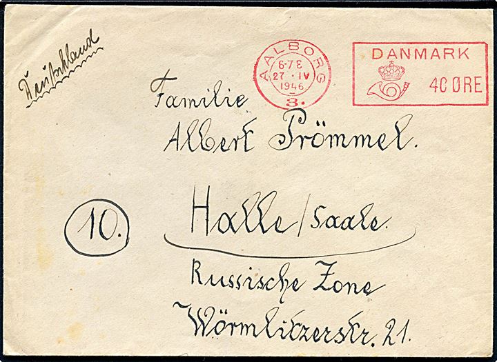 40 øre posthusfranko på flygtningebrev fra Aalborg d. 27.4.1946 til Halle, Tyskland. Fra tysk flygtning med rødt stempel: FLYGTNINGELEJR Aalborg Øst III 48-09.