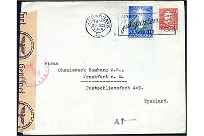 20 øre Chr. X og Julemærke 1944 på brev fra København d. 20.12.1944 til Frankfurt, Tyskland. Åbnet af tysk censur i Hamburg.
