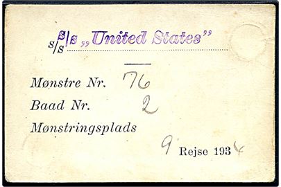 Skandinavien Amerika Linie (S.A.L.) Mønstringskort for S/S United States 9. rejse 1934.
