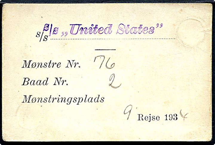 Skandinavien Amerika Linie (S.A.L.) Mønstringskort for S/S United States 9. rejse 1934.