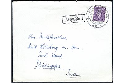 Engelsk 3d George VI på fortrykt DFDS kuvert med indhold skrevet omborg på M/S Kronprinsesse Ingrid annulleret med svagt turiststempel i Esbjerg d. 15.7.1949 og sidestemplet Paquebot til Skillingsfors, Sverige.