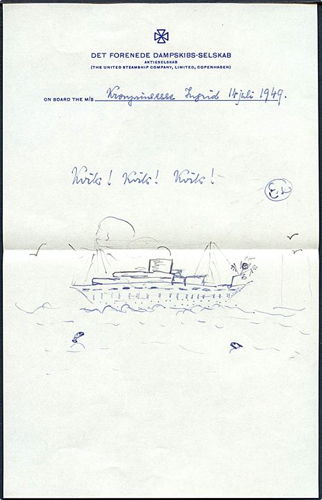 Engelsk 3d George VI på fortrykt DFDS kuvert med indhold skrevet omborg på M/S Kronprinsesse Ingrid annulleret med svagt turiststempel i Esbjerg d. 15.7.1949 og sidestemplet Paquebot til Skillingsfors, Sverige.
