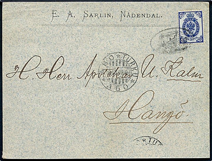 20 pen. Våven på skibsbrev fra Nådendal annulleret med motivstempel og sidestemplet Åbo d. 10.7.1903 til Hangö.