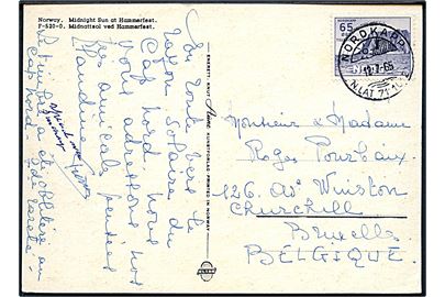 65+25 øre Nordkapp udg. på brevkort annulleret med sprstempel Nordkapp d. 12.7.1965 til Bruxelles, Belgien.