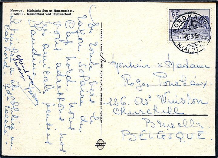 65+25 øre Nordkapp udg. på brevkort annulleret med sprstempel Nordkapp d. 12.7.1965 til Bruxelles, Belgien.