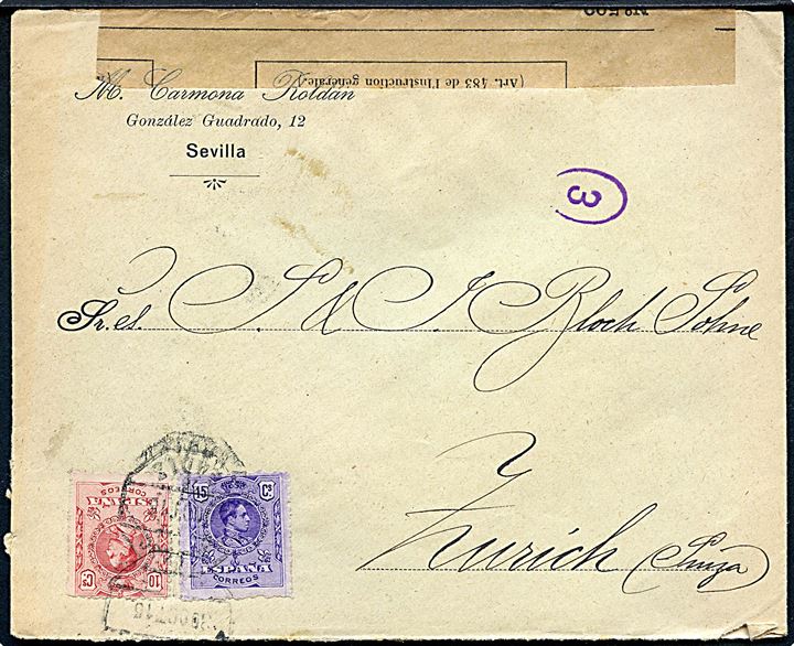 10 cts. og 15 cts. Alfonso XIII på brev fra Sevilla d. 30.10.1915 til Zürich, Schweiz. Åbnet af fransk censur.