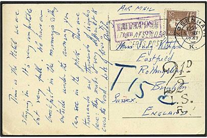 25 øre Chr. X singtle på underfrankeret luftpost brevkort fra København d. 5.9.1947 til Brighton, England. Udtakseret i 2½d engelsk porto.