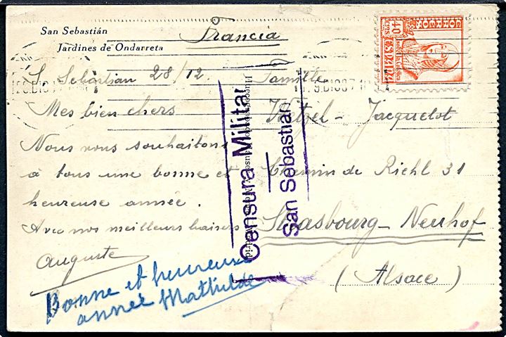 40 cts. Isabella single på brevkort fra San Sebastian d. 28.12.1937 til Strassbourg, Frankrig. Lokal spansk censur fra San Sebastian.