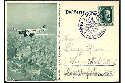 6 pfg. illustreret helsagsbrevkort med Junkers Ju-52 fra Lufthansa annulleret med særstempel Nürnberg Reichsparteitag der NSDAP d. 9.9.1937 til Wuppertal.