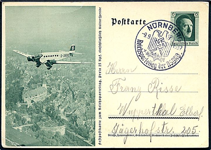 6 pfg. illustreret helsagsbrevkort med Junkers Ju-52 fra Lufthansa annulleret med særstempel Nürnberg Reichsparteitag der NSDAP d. 9.9.1937 til Wuppertal.