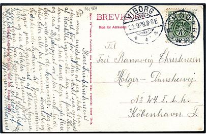 5 øre Fr. VIII på brevkort annulleret med stjernestempel HAMMERSHØJ og sidestemplet Viborg d. 22.10.1909 til København. Anvendt ca. ½ år tidligere end registreret af Vagn Jensen.
