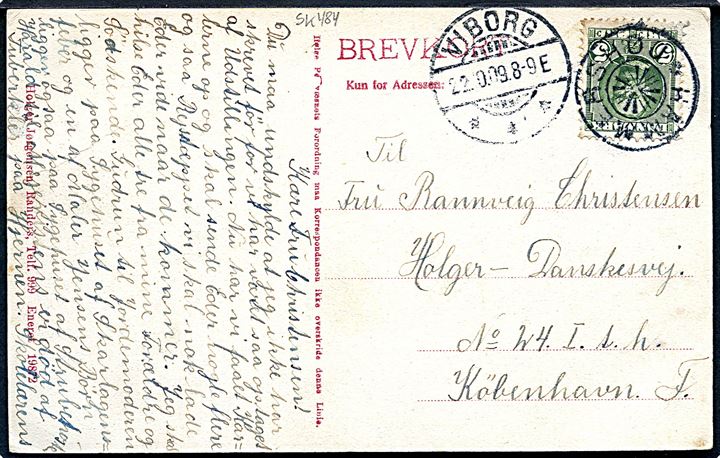 5 øre Fr. VIII på brevkort annulleret med stjernestempel HAMMERSHØJ og sidestemplet Viborg d. 22.10.1909 til København. Anvendt ca. ½ år tidligere end registreret af Vagn Jensen.