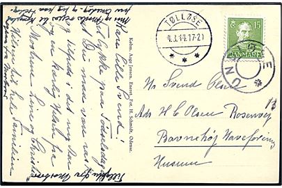 15 øre Chr. X på brevkort (Partier fra Undløse) annulleret med udslebet stjernestempel UNDLØSE og sidestemplet Tølløse d. 4.3.1944 til Husum.