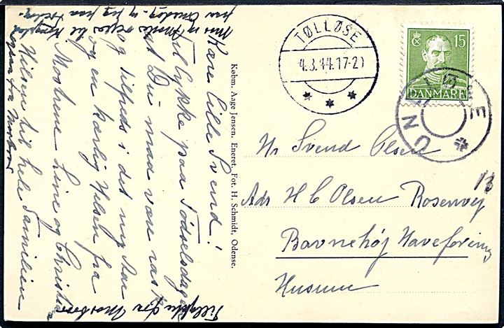 15 øre Chr. X på brevkort (Partier fra Undløse) annulleret med udslebet stjernestempel UNDLØSE og sidestemplet Tølløse d. 4.3.1944 til Husum.