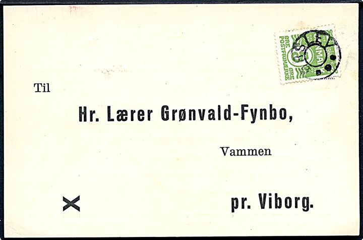 5 øre Bølgelinie på tryksagskort fra 1933 annulleret med udslebet stjernestempel ØRSLEV til Vammen pr. Viborg.