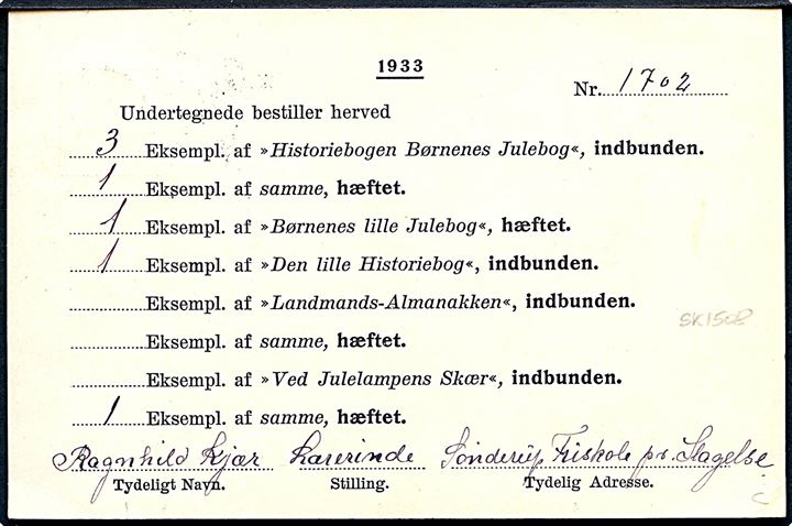 5 øre Bølgelinie på tryksagskort fra 1933 annulleret med udslebet stjernestempel ØRSLEV til Vammen pr. Viborg.