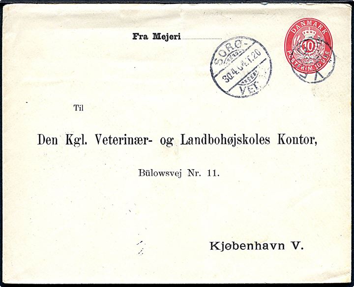 10 øre helsagskuvert annulleret med stjernestempel VEDDE og sidestemplet bureau Sorø - Vedde T.20 d. 30.4.1904 til København.