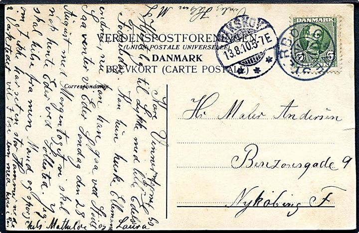 5 øre Fr. VIII på brevkort (Carlo, jonglør paa slap line) annulleret med stjernestempel VESTERBORG og sidestemplet Nakskov d. 13.8.1910 til Nykjøbing.