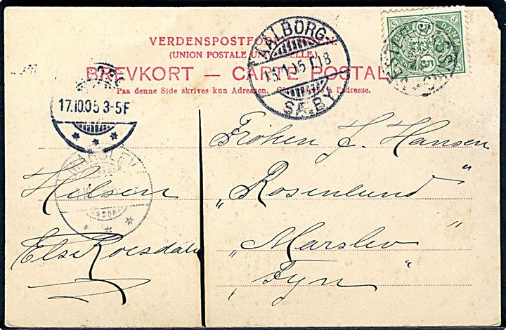 5 øre Våben på brevkort annulleret med stjernestempel VESTER-HASSING og sidestemplet med bureaustempel Aalborg - Sæby T.18 d. 16.1.1905 via Aalborg til Marslev.