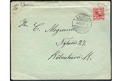 10 øre Chr. IX på brev annulleret med stjernestempel VADUM og sidestemplet bureau Aalborg - Fjerritslev T.6 d. 6.2.1905 til København.