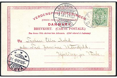 5 øre Våben på brevkort annulleret med stjernestempel VEDSTED og sidestemplet bureau Bramminge - Vedsted T.1057 d. 9.11.1905 til Hjerting pr. Varde.